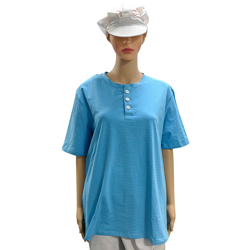 Camera pulita 99% cotone + 1% fibra di carbonio Blu Unisex ESD T-shirt antistatico O-neck con 3 pulsanti